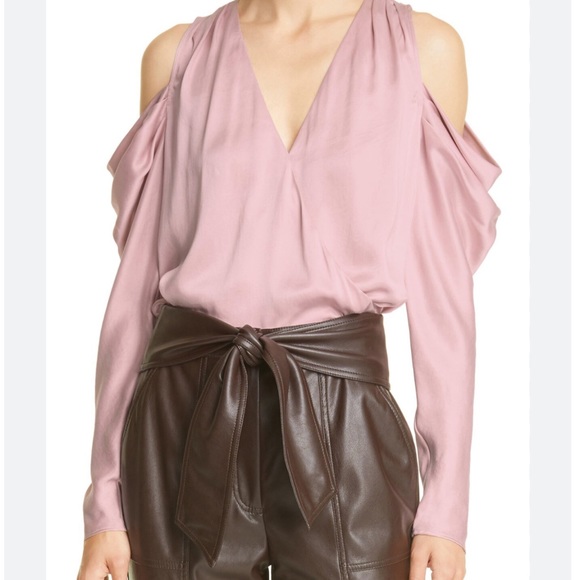 Jonathan Simkhai Pink Remington Silk V-Neck Cold Shoulder Blouse - Picture 1 of 9